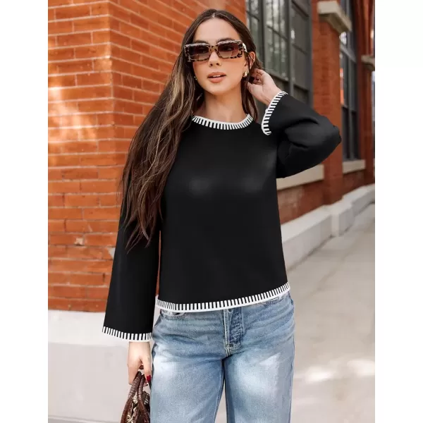 imageZESICA Womens Oversized Long Sleeve Sweaters 2024 Fall Crewneck Color Block Loose Ribbed Knit Pullover TopsBlack