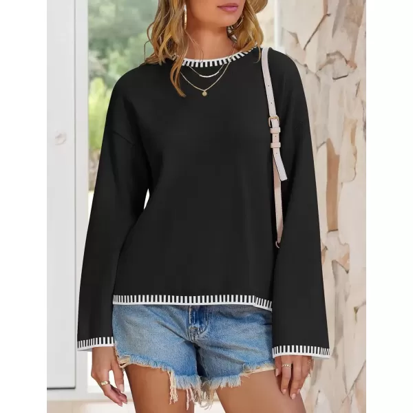 imageZESICA Womens Oversized Long Sleeve Sweaters 2024 Fall Crewneck Color Block Loose Ribbed Knit Pullover TopsBlack