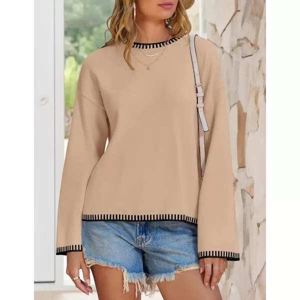 imageZESICA Womens Oversized Long Sleeve Sweaters 2024 Fall Crewneck Color Block Loose Ribbed Knit Pullover TopsCamel