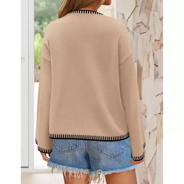 imageZESICA Womens Oversized Long Sleeve Sweaters 2024 Fall Crewneck Color Block Loose Ribbed Knit Pullover TopsCamel
