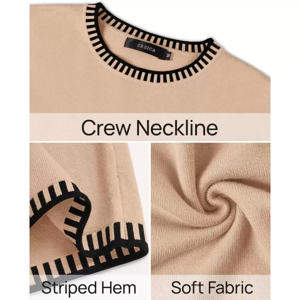 imageZESICA Womens Oversized Long Sleeve Sweaters 2024 Fall Crewneck Color Block Loose Ribbed Knit Pullover TopsCamel