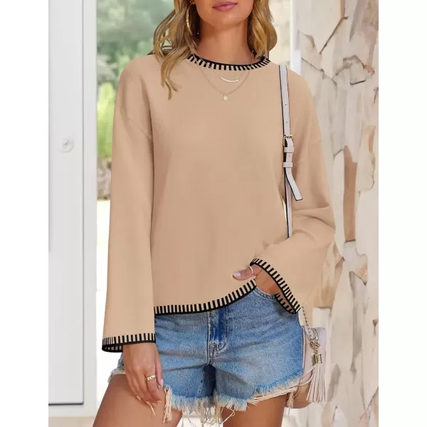 imageZESICA Womens Oversized Long Sleeve Sweaters 2024 Fall Crewneck Color Block Loose Ribbed Knit Pullover TopsCamel