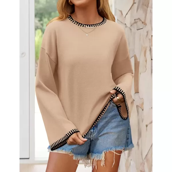 imageZESICA Womens Oversized Long Sleeve Sweaters 2024 Fall Crewneck Color Block Loose Ribbed Knit Pullover TopsCamel
