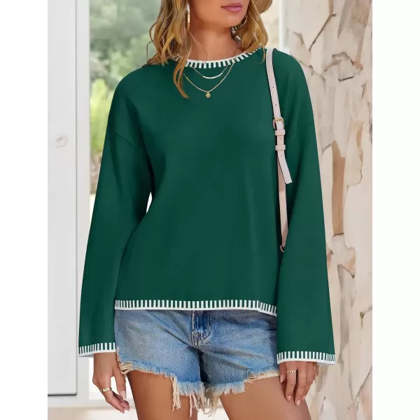 imageZESICA Womens Oversized Long Sleeve Sweaters 2024 Fall Crewneck Color Block Loose Ribbed Knit Pullover TopsDarkgreen