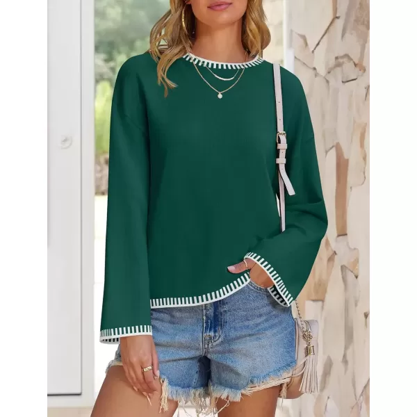 imageZESICA Womens Oversized Long Sleeve Sweaters 2024 Fall Crewneck Color Block Loose Ribbed Knit Pullover TopsDarkgreen
