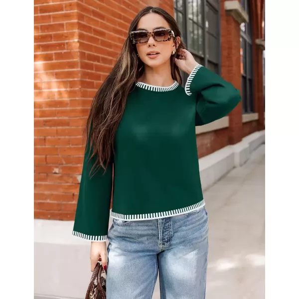 imageZESICA Womens Oversized Long Sleeve Sweaters 2024 Fall Crewneck Color Block Loose Ribbed Knit Pullover TopsDarkgreen
