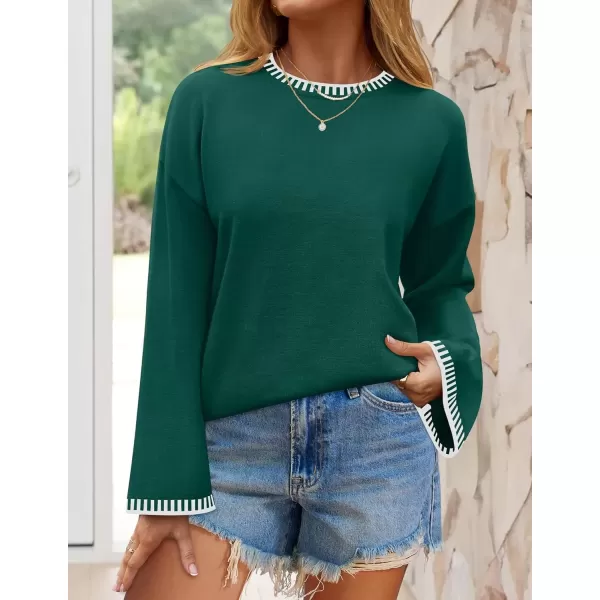 imageZESICA Womens Oversized Long Sleeve Sweaters 2024 Fall Crewneck Color Block Loose Ribbed Knit Pullover TopsDarkgreen