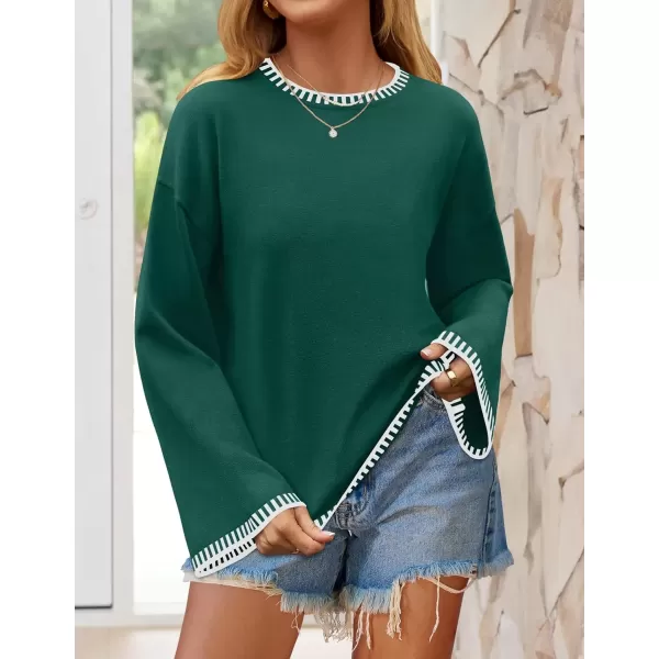 imageZESICA Womens Oversized Long Sleeve Sweaters 2024 Fall Crewneck Color Block Loose Ribbed Knit Pullover TopsDarkgreen