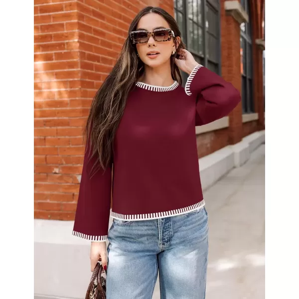 imageZESICA Womens Oversized Long Sleeve Sweaters 2024 Fall Crewneck Color Block Loose Ribbed Knit Pullover TopsDarkred