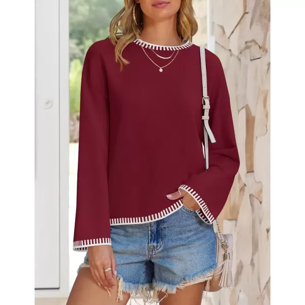 imageZESICA Womens Oversized Long Sleeve Sweaters 2024 Fall Crewneck Color Block Loose Ribbed Knit Pullover TopsDarkred