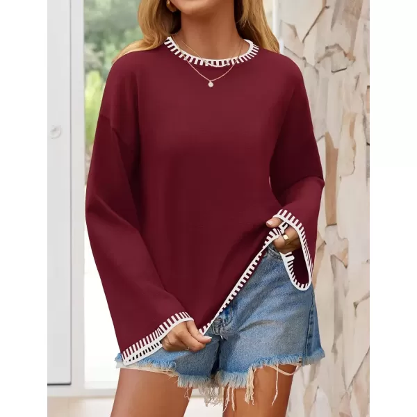 imageZESICA Womens Oversized Long Sleeve Sweaters 2024 Fall Crewneck Color Block Loose Ribbed Knit Pullover TopsDarkred