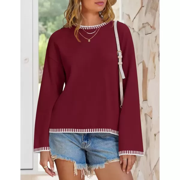 imageZESICA Womens Oversized Long Sleeve Sweaters 2024 Fall Crewneck Color Block Loose Ribbed Knit Pullover TopsDarkred