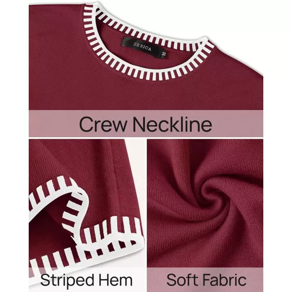 imageZESICA Womens Oversized Long Sleeve Sweaters 2024 Fall Crewneck Color Block Loose Ribbed Knit Pullover TopsDarkred