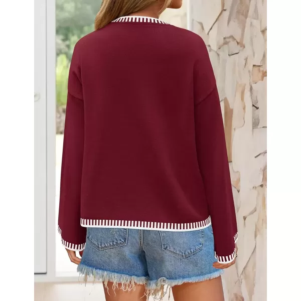 imageZESICA Womens Oversized Long Sleeve Sweaters 2024 Fall Crewneck Color Block Loose Ribbed Knit Pullover TopsDarkred