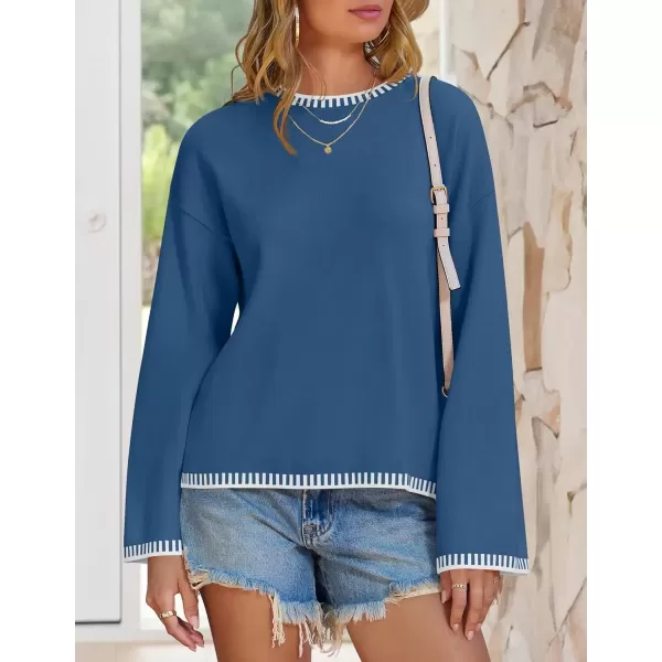 imageZESICA Womens Oversized Long Sleeve Sweaters 2024 Fall Crewneck Color Block Loose Ribbed Knit Pullover TopsDustyblue