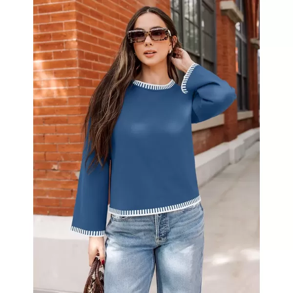 imageZESICA Womens Oversized Long Sleeve Sweaters 2024 Fall Crewneck Color Block Loose Ribbed Knit Pullover TopsDustyblue