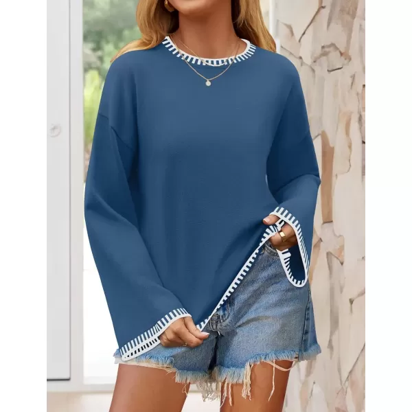 imageZESICA Womens Oversized Long Sleeve Sweaters 2024 Fall Crewneck Color Block Loose Ribbed Knit Pullover TopsDustyblue