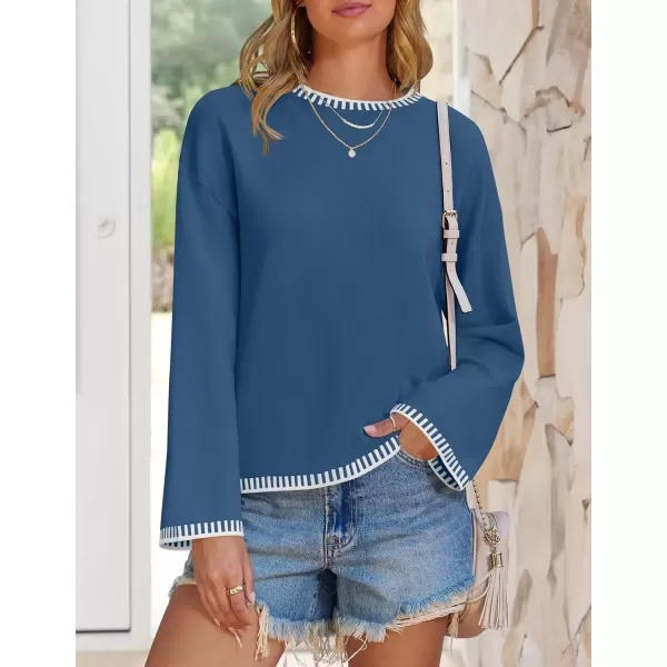 imageZESICA Womens Oversized Long Sleeve Sweaters 2024 Fall Crewneck Color Block Loose Ribbed Knit Pullover TopsDustyblue