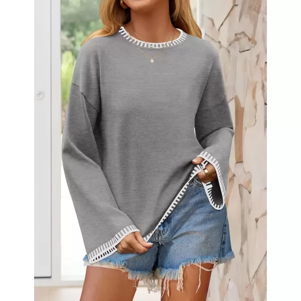 imageZESICA Womens Oversized Long Sleeve Sweaters 2024 Fall Crewneck Color Block Loose Ribbed Knit Pullover TopsGrey