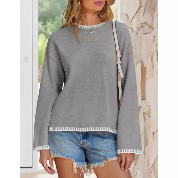 imageZESICA Womens Oversized Long Sleeve Sweaters 2024 Fall Crewneck Color Block Loose Ribbed Knit Pullover TopsGrey