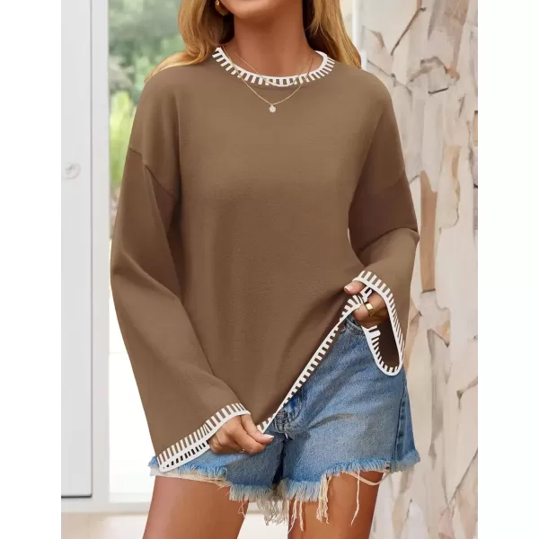 imageZESICA Womens Oversized Long Sleeve Sweaters 2024 Fall Crewneck Color Block Loose Ribbed Knit Pullover TopsKhaki