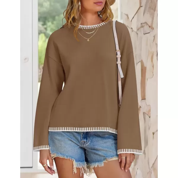 imageZESICA Womens Oversized Long Sleeve Sweaters 2024 Fall Crewneck Color Block Loose Ribbed Knit Pullover TopsKhaki