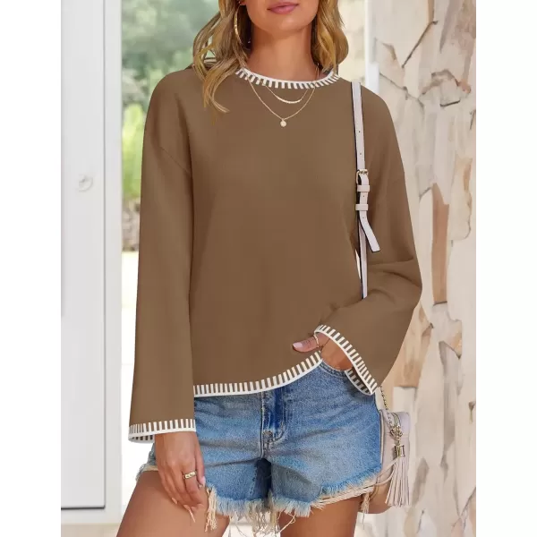 imageZESICA Womens Oversized Long Sleeve Sweaters 2024 Fall Crewneck Color Block Loose Ribbed Knit Pullover TopsKhaki
