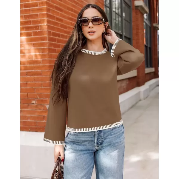 imageZESICA Womens Oversized Long Sleeve Sweaters 2024 Fall Crewneck Color Block Loose Ribbed Knit Pullover TopsKhaki