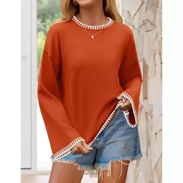 imageZESICA Womens Oversized Long Sleeve Sweaters 2024 Fall Crewneck Color Block Loose Ribbed Knit Pullover TopsOrange