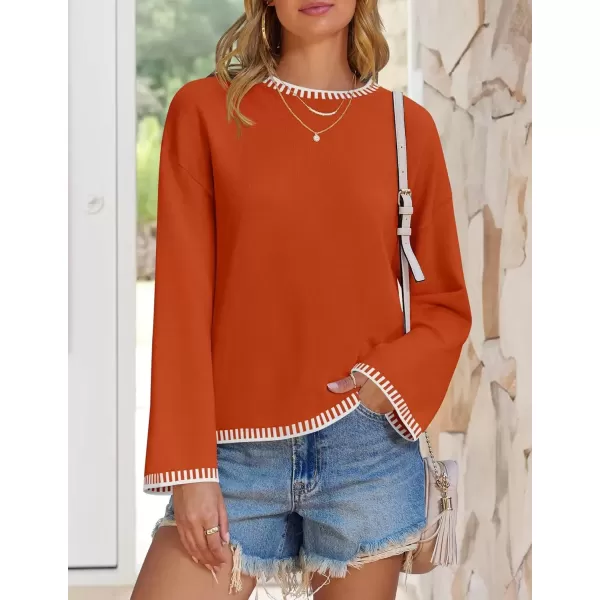 imageZESICA Womens Oversized Long Sleeve Sweaters 2024 Fall Crewneck Color Block Loose Ribbed Knit Pullover TopsOrange