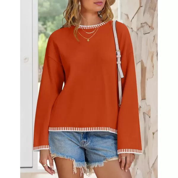 imageZESICA Womens Oversized Long Sleeve Sweaters 2024 Fall Crewneck Color Block Loose Ribbed Knit Pullover TopsOrange