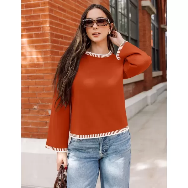 imageZESICA Womens Oversized Long Sleeve Sweaters 2024 Fall Crewneck Color Block Loose Ribbed Knit Pullover TopsOrange