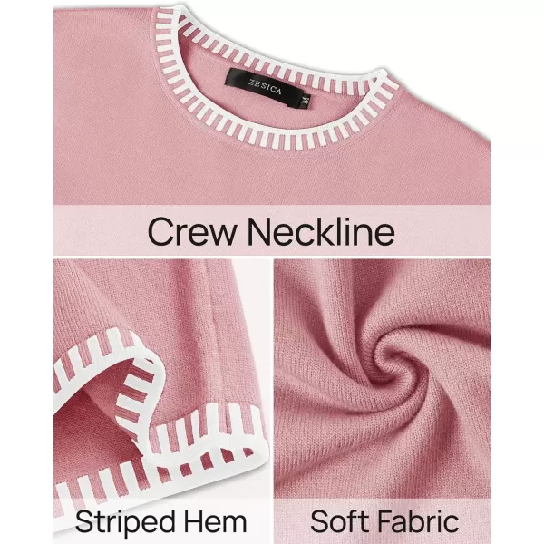 imageZESICA Womens Oversized Long Sleeve Sweaters 2024 Fall Crewneck Color Block Loose Ribbed Knit Pullover TopsPink