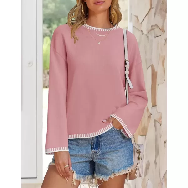imageZESICA Womens Oversized Long Sleeve Sweaters 2024 Fall Crewneck Color Block Loose Ribbed Knit Pullover TopsPink