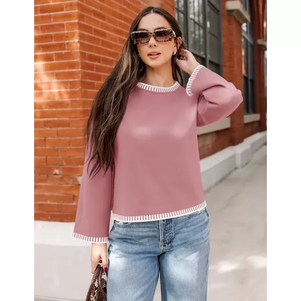 imageZESICA Womens Oversized Long Sleeve Sweaters 2024 Fall Crewneck Color Block Loose Ribbed Knit Pullover TopsPink