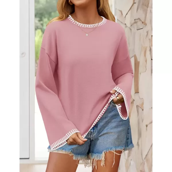 imageZESICA Womens Oversized Long Sleeve Sweaters 2024 Fall Crewneck Color Block Loose Ribbed Knit Pullover TopsPink