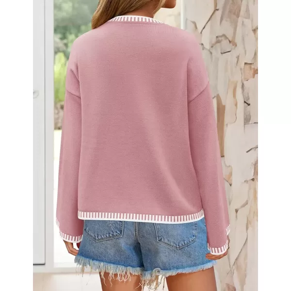 imageZESICA Womens Oversized Long Sleeve Sweaters 2024 Fall Crewneck Color Block Loose Ribbed Knit Pullover TopsPink