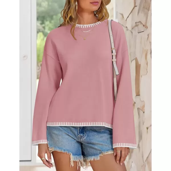 imageZESICA Womens Oversized Long Sleeve Sweaters 2024 Fall Crewneck Color Block Loose Ribbed Knit Pullover TopsPink