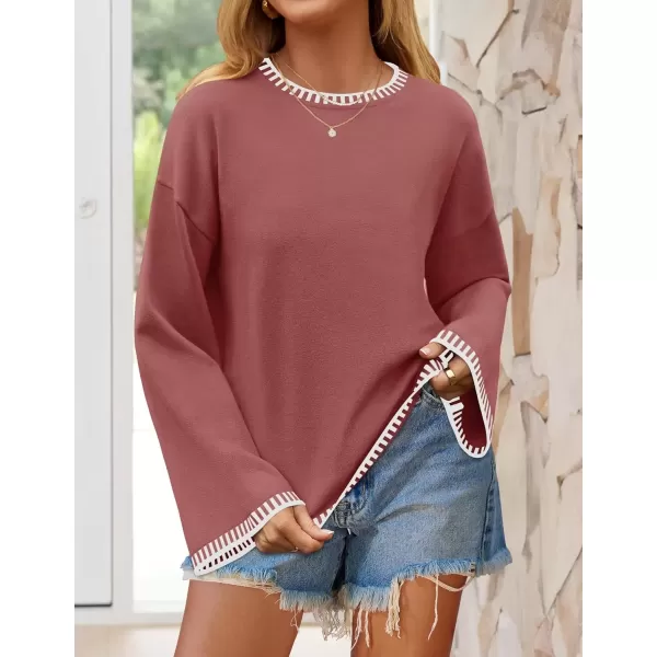 imageZESICA Womens Oversized Long Sleeve Sweaters 2024 Fall Crewneck Color Block Loose Ribbed Knit Pullover TopsRust