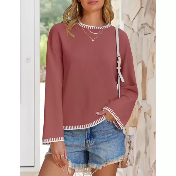 imageZESICA Womens Oversized Long Sleeve Sweaters 2024 Fall Crewneck Color Block Loose Ribbed Knit Pullover TopsRust