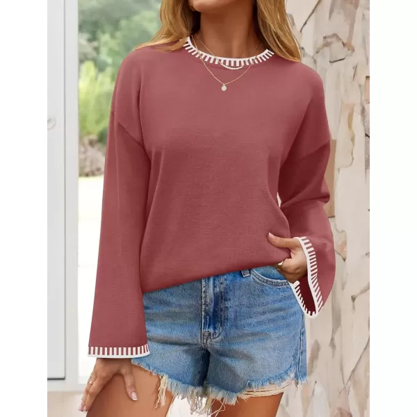 imageZESICA Womens Oversized Long Sleeve Sweaters 2024 Fall Crewneck Color Block Loose Ribbed Knit Pullover TopsRust