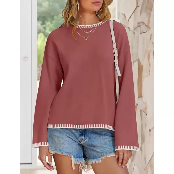 imageZESICA Womens Oversized Long Sleeve Sweaters 2024 Fall Crewneck Color Block Loose Ribbed Knit Pullover TopsRust