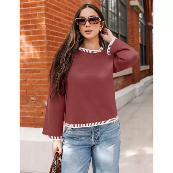 imageZESICA Womens Oversized Long Sleeve Sweaters 2024 Fall Crewneck Color Block Loose Ribbed Knit Pullover TopsRust