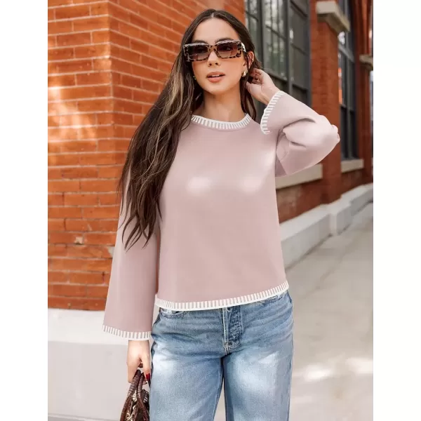 imageZESICA Womens Oversized Long Sleeve Sweaters 2024 Fall Crewneck Color Block Loose Ribbed Knit Pullover TopsSand