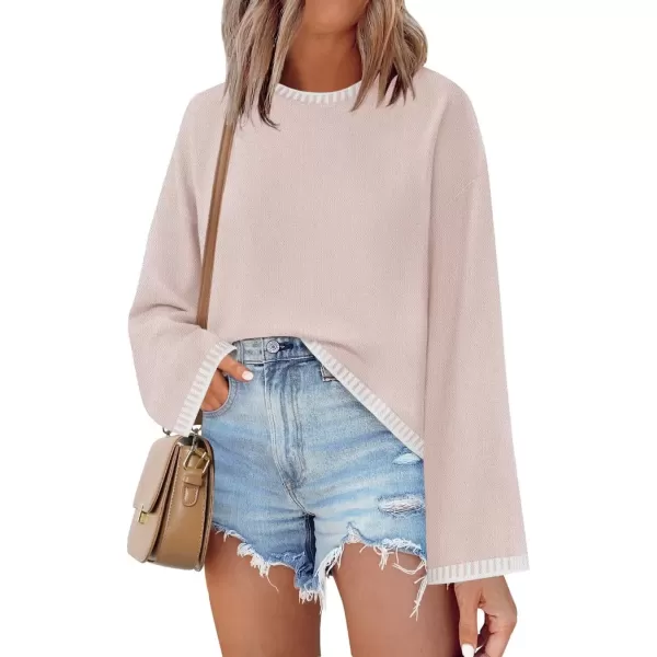 imageZESICA Womens Oversized Long Sleeve Sweaters 2024 Fall Crewneck Color Block Loose Ribbed Knit Pullover TopsSand