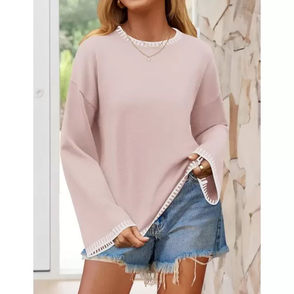 imageZESICA Womens Oversized Long Sleeve Sweaters 2024 Fall Crewneck Color Block Loose Ribbed Knit Pullover TopsSand