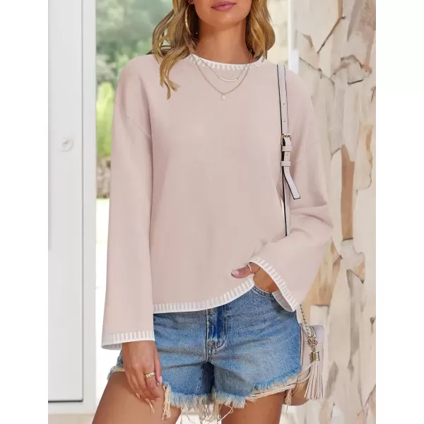 imageZESICA Womens Oversized Long Sleeve Sweaters 2024 Fall Crewneck Color Block Loose Ribbed Knit Pullover TopsSand