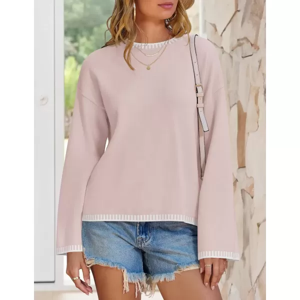 imageZESICA Womens Oversized Long Sleeve Sweaters 2024 Fall Crewneck Color Block Loose Ribbed Knit Pullover TopsSand