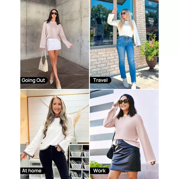 imageZESICA Womens Oversized Long Sleeve Sweaters 2024 Fall Crewneck Color Block Loose Ribbed Knit Pullover TopsWhite