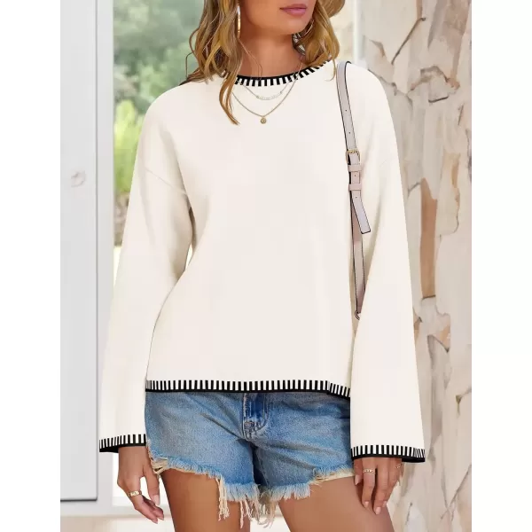 imageZESICA Womens Oversized Long Sleeve Sweaters 2024 Fall Crewneck Color Block Loose Ribbed Knit Pullover TopsWhite